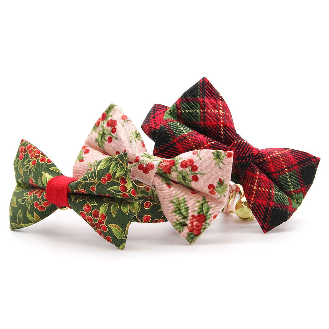 Bow Tie Cat Collar Set - "Yuletide Berries" - Christmas Holly Berry Cat Collar with Bow Tie / Holiday Red & Green / Cat, Kitten, Small Dog Sizes