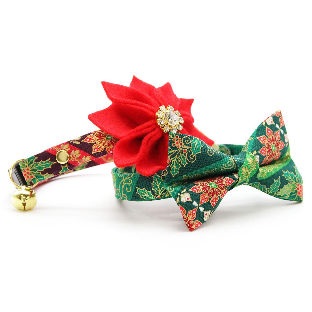 Bow Tie Cat Collar Set - "Victorian Christmas - Green" - Elegant Holiday Cat Collar with Bow Tie / Holly, Poinsettia, Mistletoe / Cat, Kitten, Small Dog Sizes