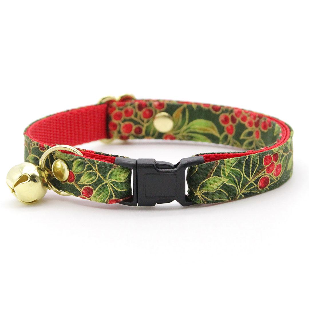 Holiday Cat Collar - "Yuletide Berries" - Green & Red Holly Berry Christmas Cat Collar / Breakaway Buckle or Non-Breakaway / Cat, Kitten + Small Dog Sizes