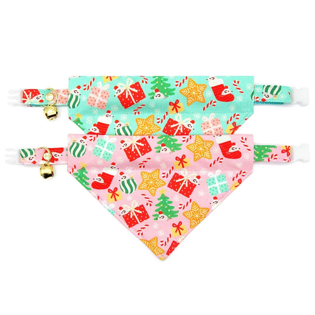 Holiday Cat Bandana - "Merry Mice - Pink" - Christmas Mouse Bandana for Cat + Small Dog / Fun Whimsical / Slide-on Bandana