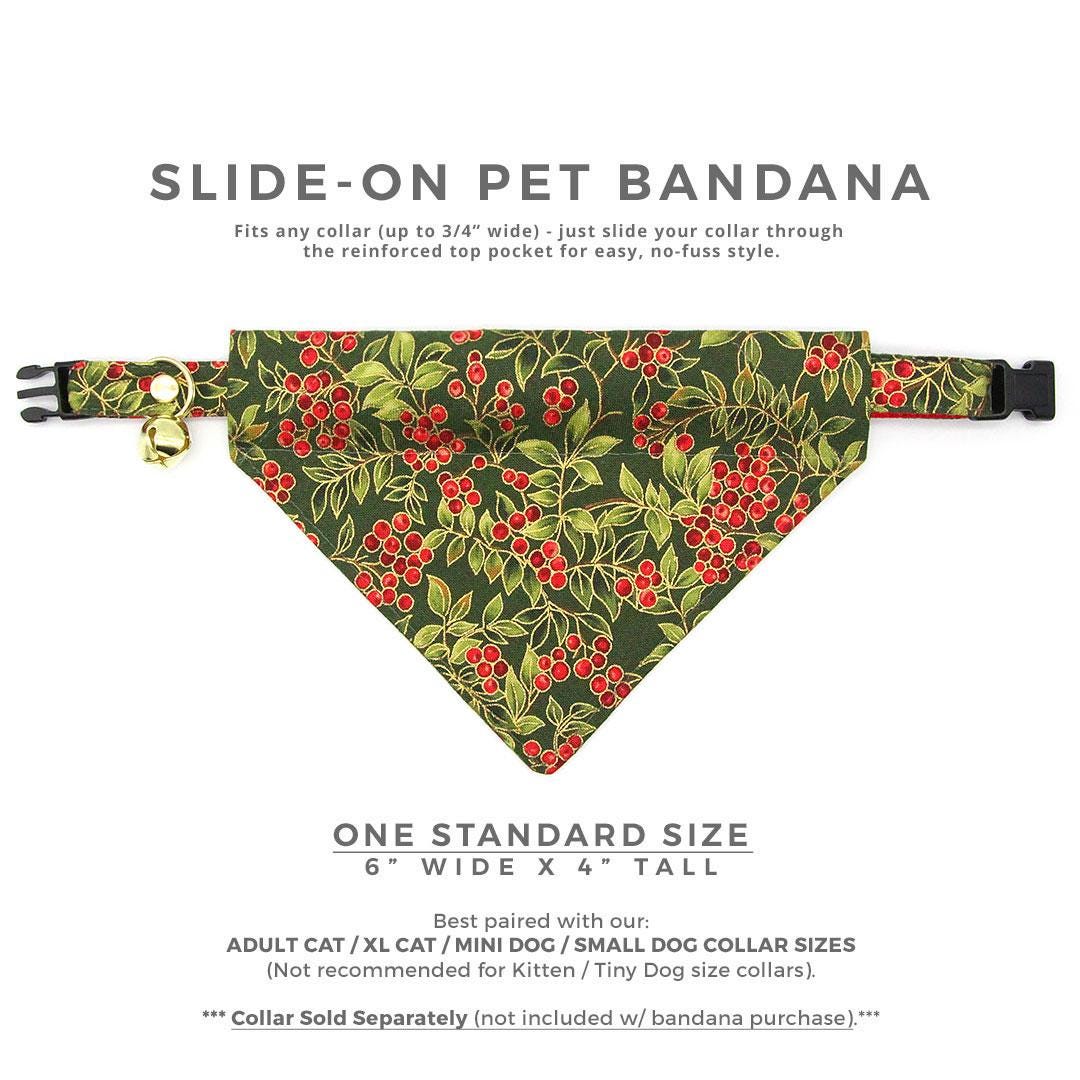 Holiday Cat Bandana - "Yuletide Berries" - Green Red Berry Holly Bandana for Cat + Small Dog / Elegant Classic Christmas / Slide-on Bandana