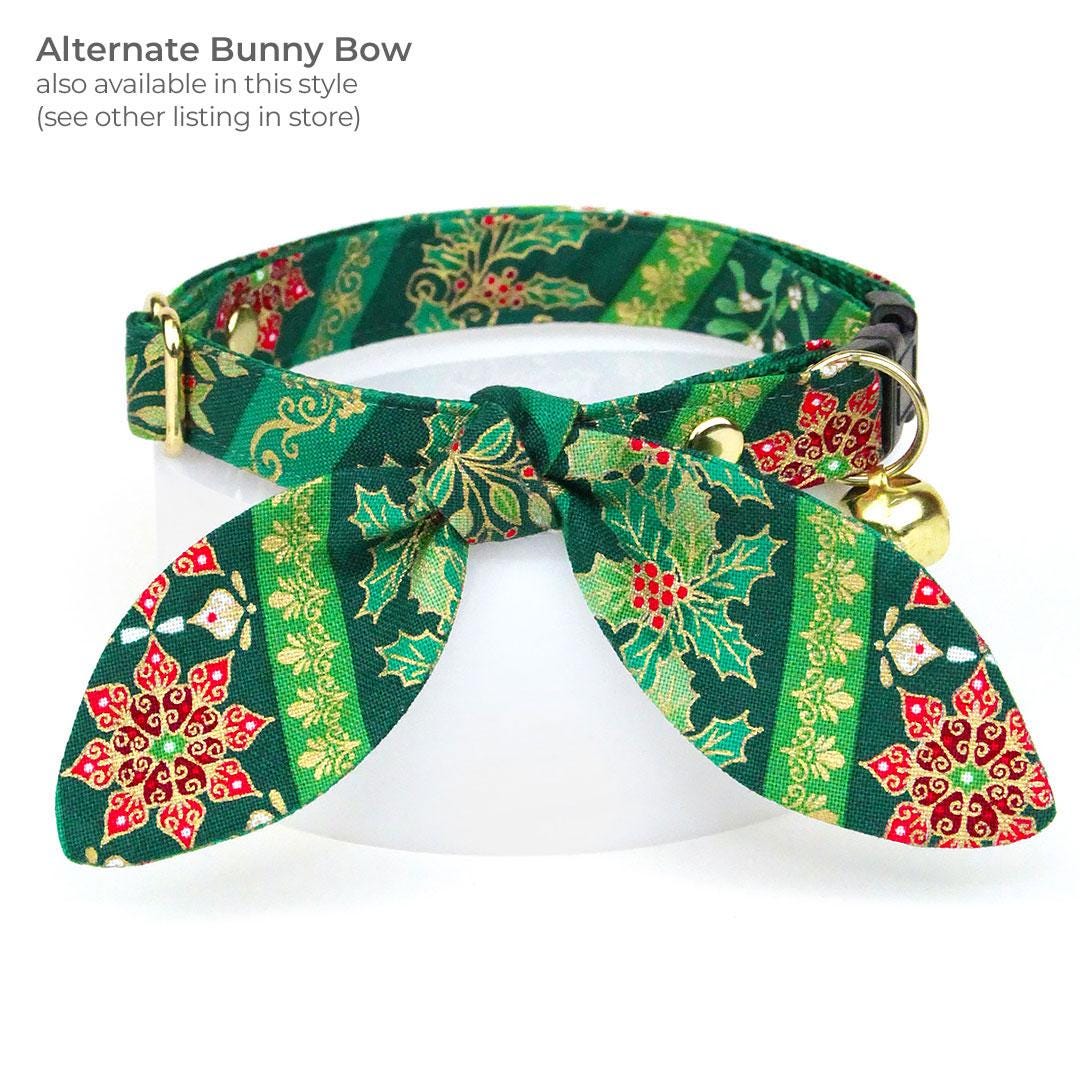 Holiday Cat Bow Tie - "Victorian Christmas - Green" - Elegant Christmas Bow Tie for Cat Collar / Poinsettia / Cat, Kitten + Small Dog Bowtie