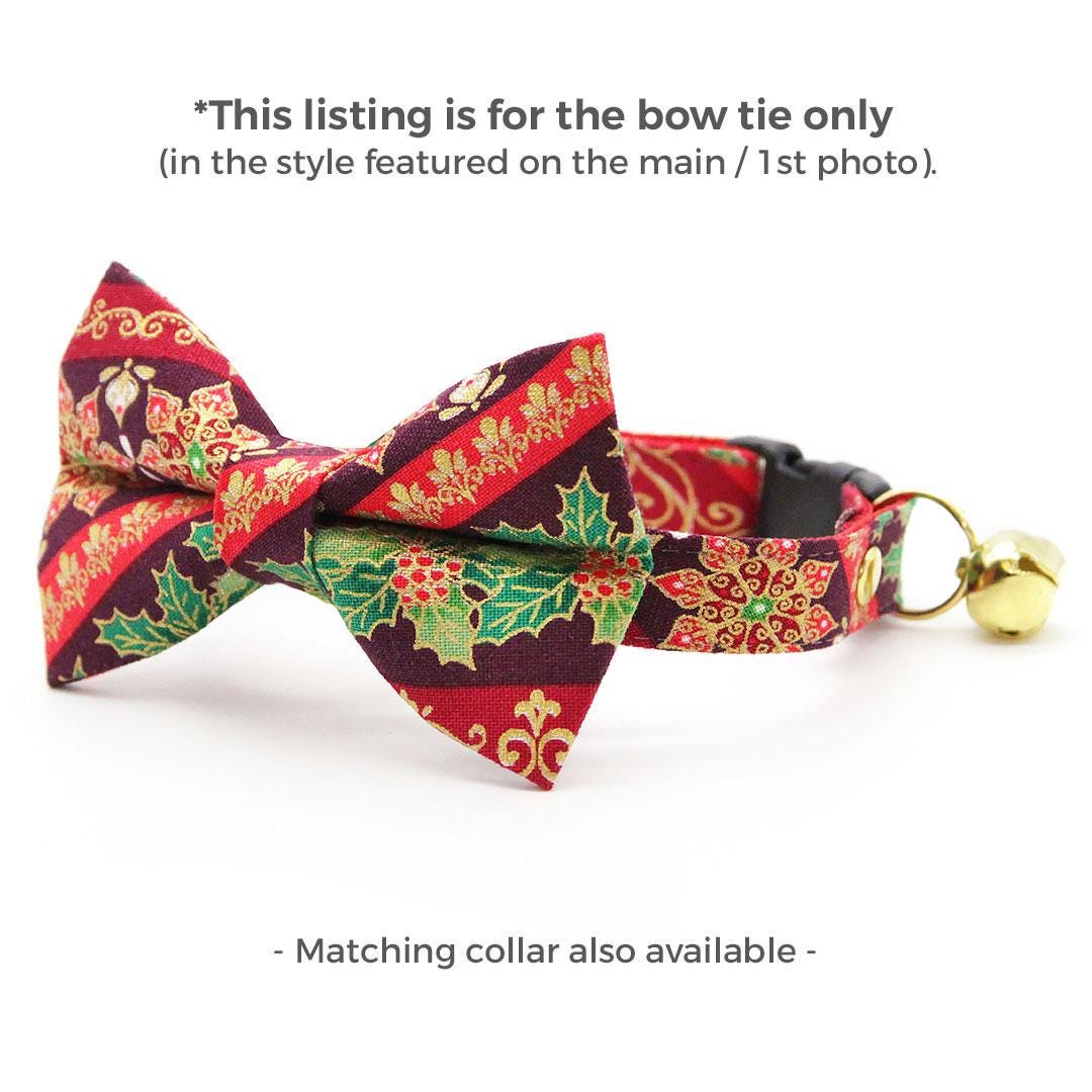 Holiday Cat Bow Tie - "Victorian Christmas - Burgundy" - Elegant Poinsettia & Holly Bow Tie for Cat Collar / Cat, Kitten + Small Dog Bowtie