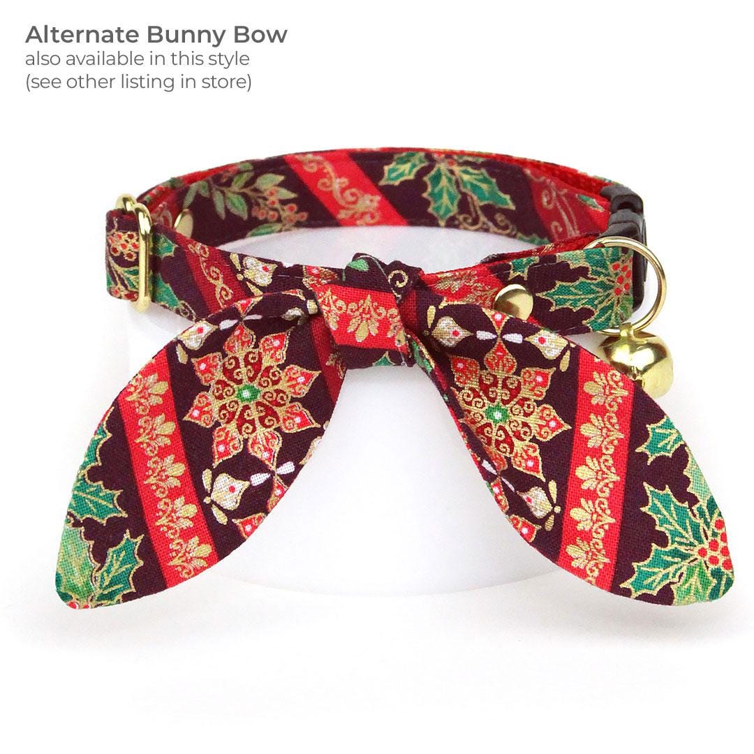Holiday Cat Bow Tie - "Victorian Christmas - Burgundy" - Elegant Poinsettia & Holly Bow Tie for Cat Collar / Cat, Kitten + Small Dog Bowtie
