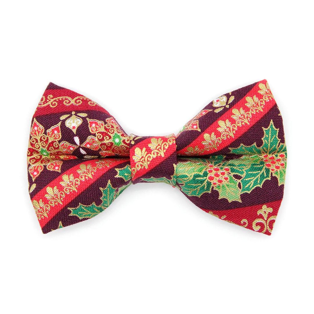 Holiday Cat Bow Tie - "Victorian Christmas - Burgundy" - Elegant Poinsettia & Holly Bow Tie for Cat Collar / Cat, Kitten + Small Dog Bowtie