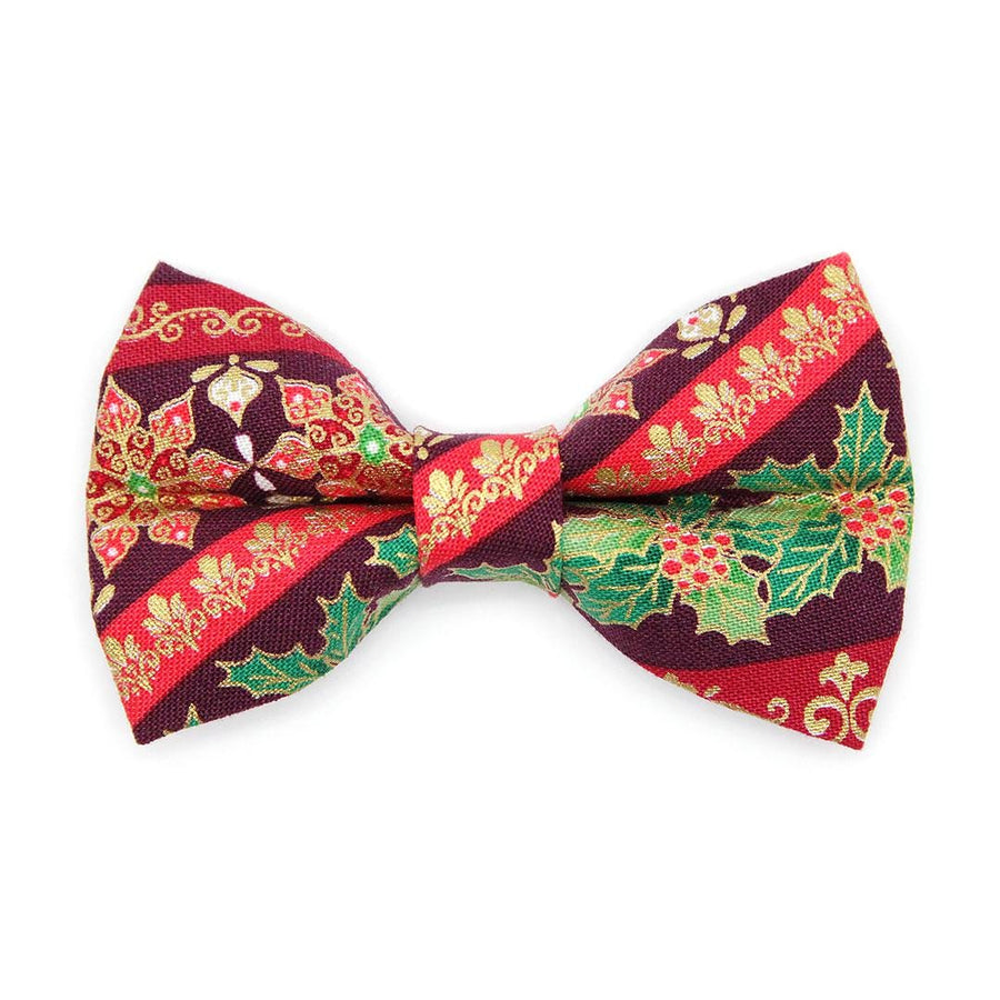 Holiday Cat Bow Tie - "Victorian Christmas - Burgundy" - Elegant Poinsettia & Holly Bow Tie for Cat Collar / Cat, Kitten + Small Dog Bowtie