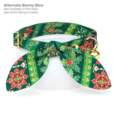 Holiday Cat Bandana - "Victorian Christmas - Green" - Elegant Holly Poinsettia Mistletoe Bandana for Cat + Small Dog / Slide-on Bandana