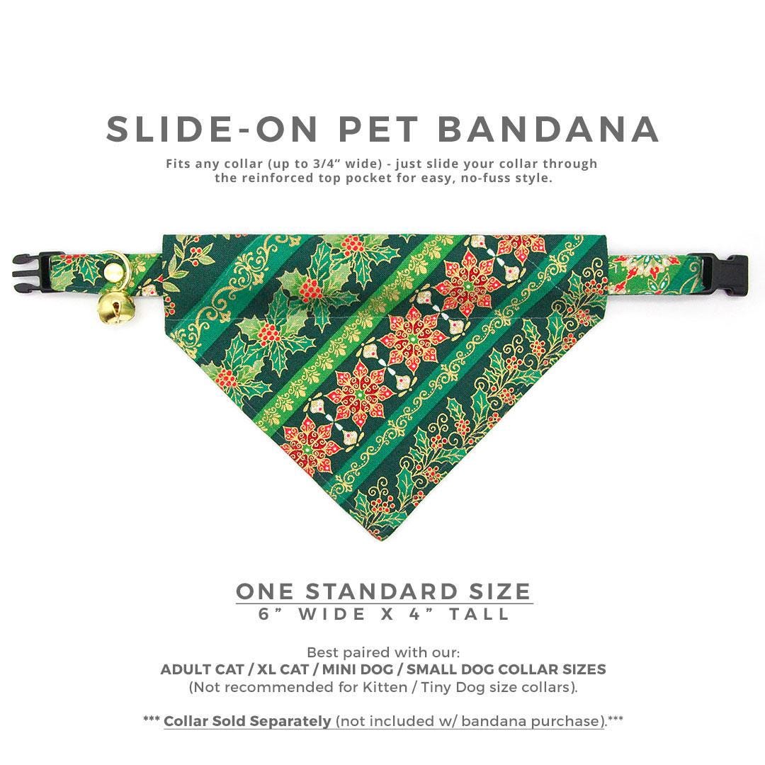 Holiday Cat Bandana - "Victorian Christmas - Green" - Elegant Holly Poinsettia Mistletoe Bandana for Cat + Small Dog / Slide-on Bandana