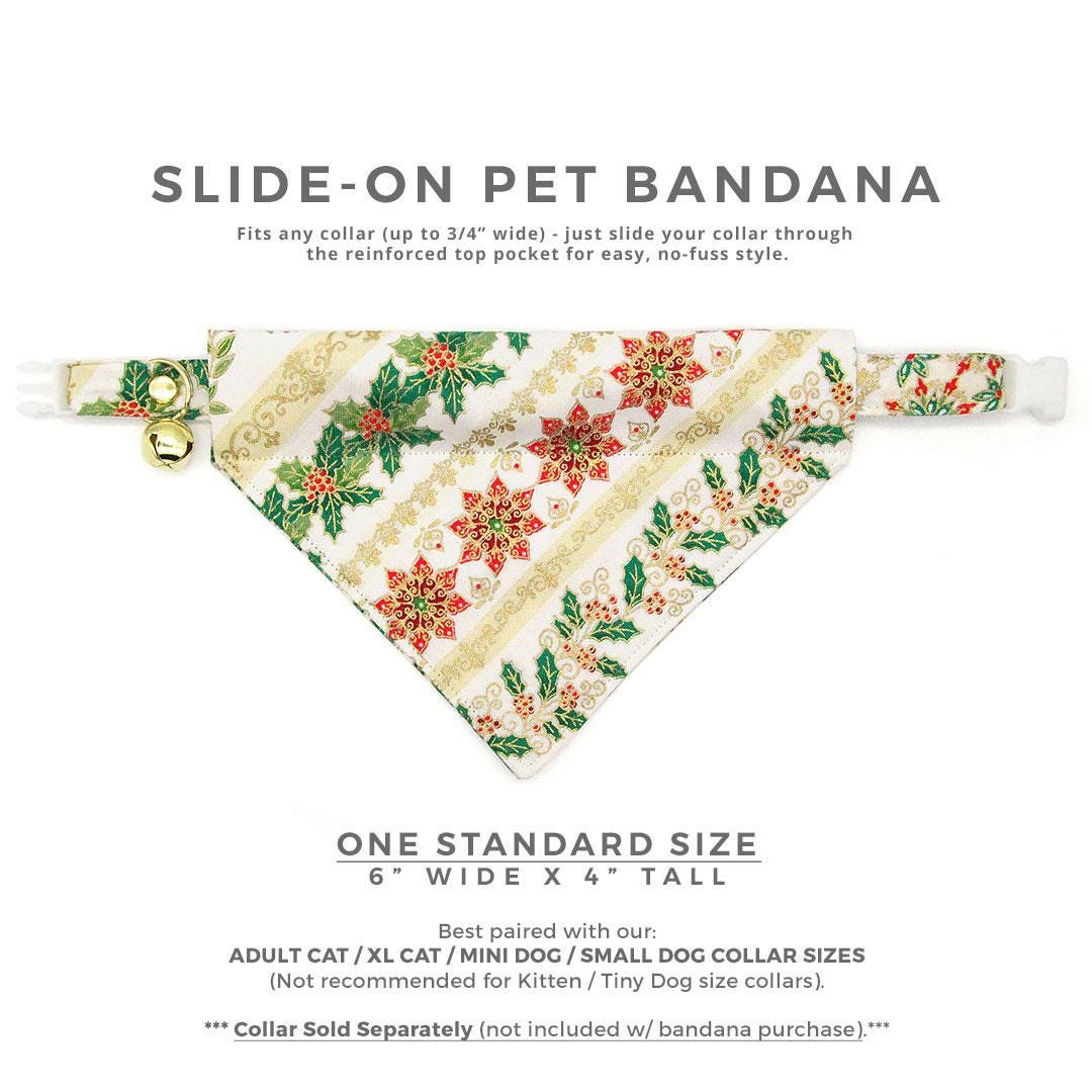 Holiday Cat Bandana - "Victorian Christmas - Ivory" - Elegant Christmas Bandana for Cat + Small Dog / Holly, Poinsettia & Mistletoe / Slide-on Bandana