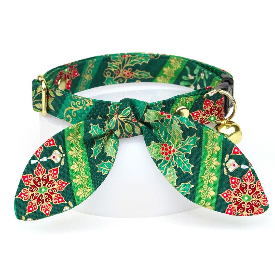 Holiday Cat Collar - "Victorian Christmas - Green" - Poinsettia, Mistletoe & Holly Cat Collar / Breakaway Buckle or Non-Breakaway / Cat, Kitten + Small Dog Sizes