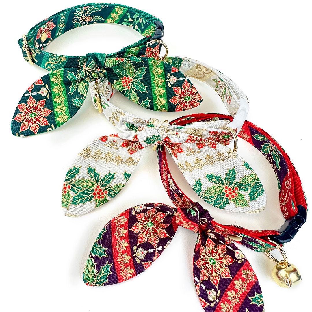 Holiday Cat Collar - "Victorian Christmas - Green" - Poinsettia, Mistletoe & Holly Cat Collar / Breakaway Buckle or Non-Breakaway / Cat, Kitten + Small Dog Sizes
