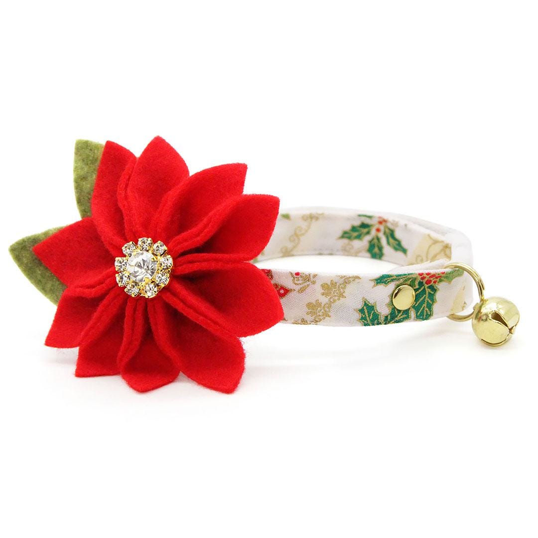 Holiday Cat Collar - "Victorian Christmas - Ivory" - Poinsettia, Mistletoe & Holly Cat Collar / Breakaway Buckle or Non-Breakaway / Cat, Kitten + Small Dog Sizes