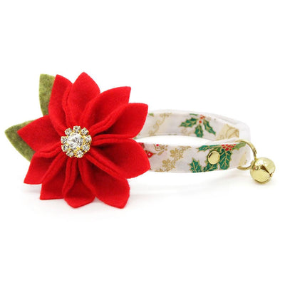 Holiday Cat Collar - "Victorian Christmas - Ivory" - Poinsettia, Mistletoe & Holly Cat Collar / Breakaway Buckle or Non-Breakaway / Cat, Kitten + Small Dog Sizes