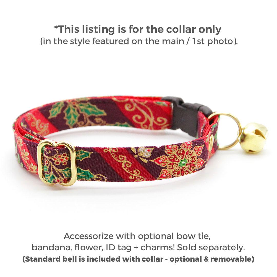 Holiday Cat Collar - "Victorian Christmas - Burgundy" - Mistletoe, Holly & Poinsettia Cat Collar / Breakaway Buckle or Non-Breakaway / Cat, Kitten + Small Dog Sizes