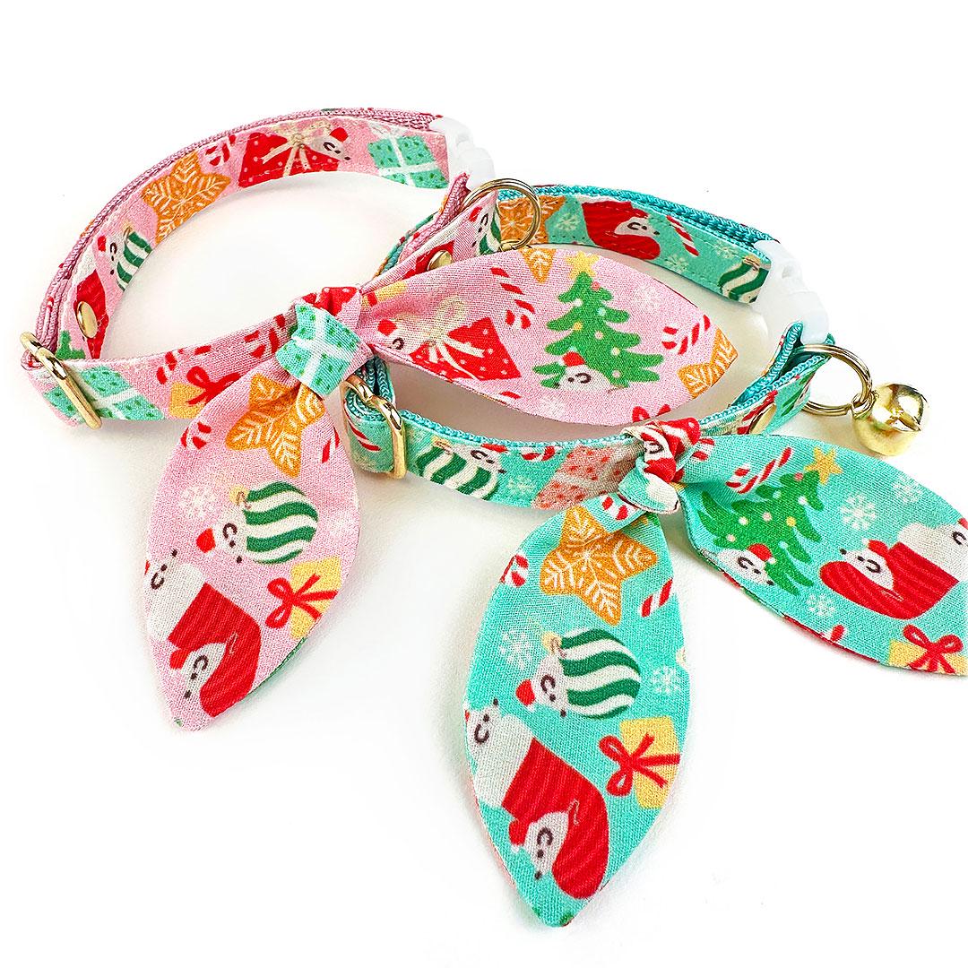 Holiday Cat Collar - "Merry Mice - Pink" - Fun Whimsical Christmas Mouse Cat Collar / Breakaway Buckle or Non-Breakaway / Cat, Kitten + Small Dog Sizes