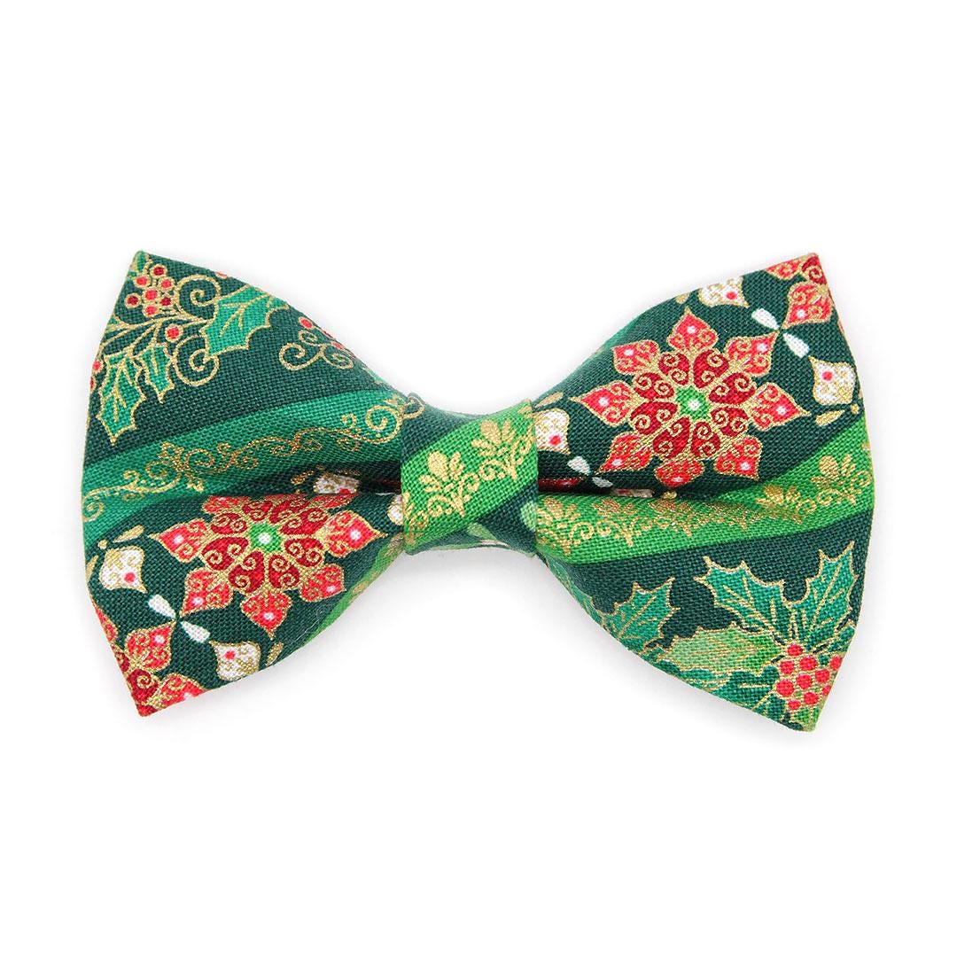 Bow Tie Cat Collar Set - "Victorian Christmas - Green" - Elegant Holiday Cat Collar with Bow Tie / Holly, Poinsettia, Mistletoe / Cat, Kitten, Small Dog Sizes