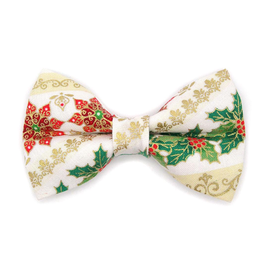 Bow Tie Cat Collar Set - "Victorian Christmas - Ivory" - Elegant Holiday Cat Collar with Bow Tie / Holly, Poinsettia, Mistletoe / Cat, Kitten, Small Dog Sizes