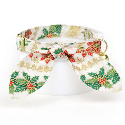 Holiday Cat Collar + Bunny Ear Bow Set - "Victorian Christmas - Ivory" - Holly Cat Collar w/ Matching Bunny Bow Tie / Tie-On Scarf / Cat, Kitten + Small Dog Sizes