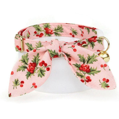 Holiday Cat Collar + Bunny Ear Bow Set - "Sugarplum Pink" - Christmas Berry Cat Collar w/ Matching Bunny Bow Tie / Tie-On Scarf / Cat, Kitten + Small Dog Sizes