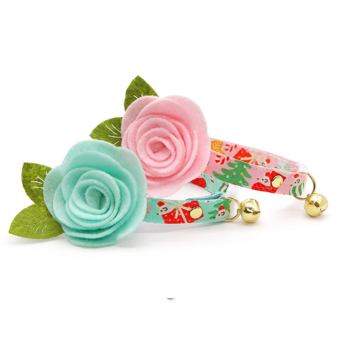 Holiday Cat Collar + Flower Set - "Merry Mice - Pink" - Christmas Mouse Cat Collar w/ Baby Pink Felt Flower (Detachable) / Cat, Kitten + Small Dog Sizes