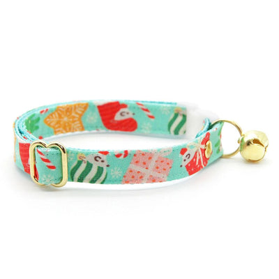 Holiday Cat Collar + Flower Set - "Merry Mice - Mint" - Christmas Mouse Cat Collar w/ Mint Felt Flower (Detachable) / Cat, Kitten + Small Dog Sizes