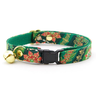 Holiday Cat Collar + Flower Set - "Victorian Christmas - Green" - Elegant Holly Cat Collar + Specialty Christmas Red Poinsettia Felt Flower (Detachable)