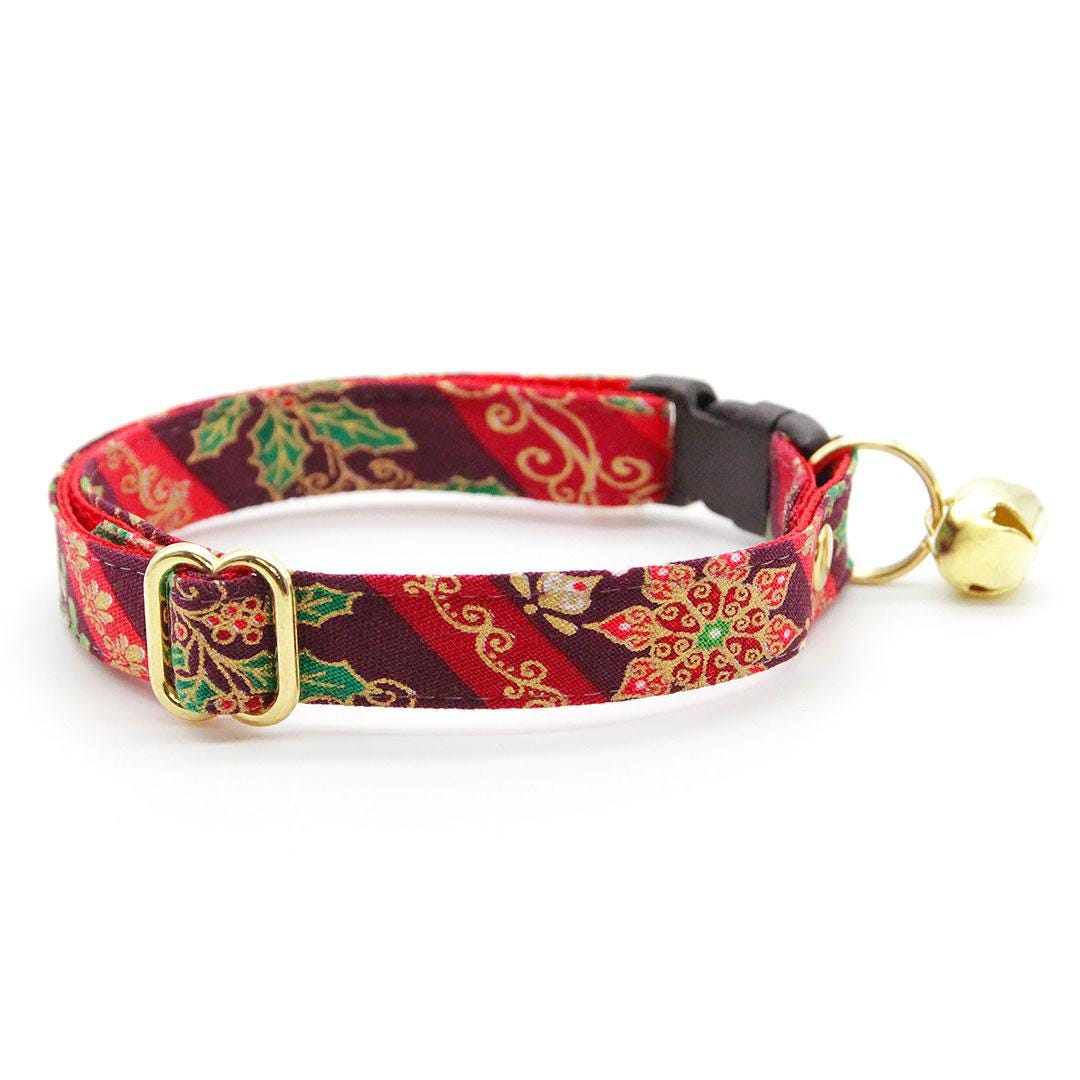 Holiday Cat Collar + Flower Set - "Victorian Christmas - Burgundy" - Elegant Cat Collar + Specialty Christmas Red Poinsettia Felt Flower (Detachable)