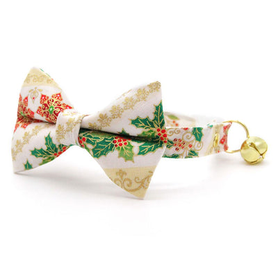 Bow Tie Cat Collar Set - "Victorian Christmas - Ivory" - Elegant Holiday Cat Collar with Bow Tie / Holly, Poinsettia, Mistletoe / Cat, Kitten, Small Dog Sizes