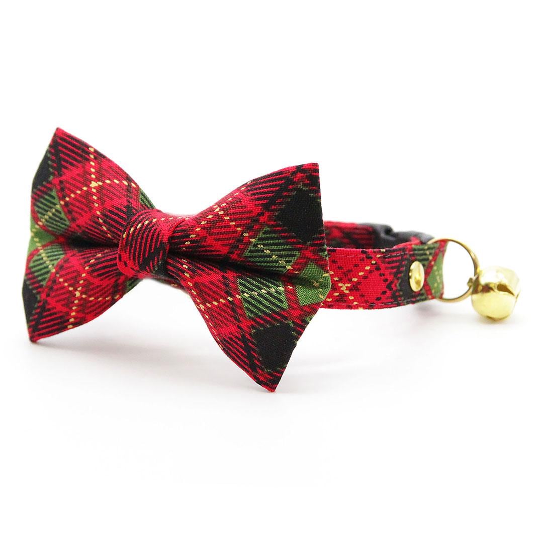 Bow Tie Cat Collar Set - "Winterwood" - Red Black & Green Holiday Plaid Cat Collar with Bow Tie / Rustic, Christmas, Winter / Cat, Kitten, Small Dog Sizes