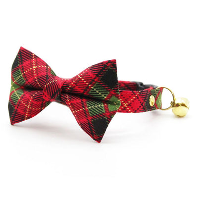 Bow Tie Cat Collar Set - "Winterwood" - Red Black & Green Holiday Plaid Cat Collar with Bow Tie / Rustic, Christmas, Winter / Cat, Kitten, Small Dog Sizes