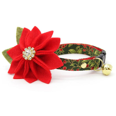 Holiday Cat Collar + Flower Set - "Yuletide Berries" - Green Holly Berry Cat Collar + Specialty Christmas Red Poinsettia Felt Flower (Detachable)