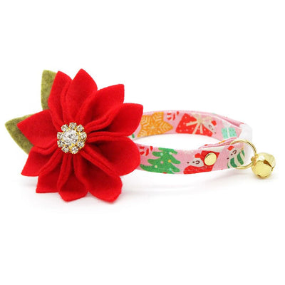 Holiday Cat Collar + Flower Set - "Merry Mice - Pink" - Cute Mouse Cat Collar + Specialty Christmas Red Poinsettia Felt Flower (Detachable)