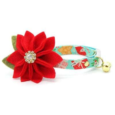 Holiday Cat Collar + Flower Set - "Merry Mice - Mint" - Cute Mouse Cat Collar + Specialty Christmas Red Poinsettia Felt Flower (Detachable)
