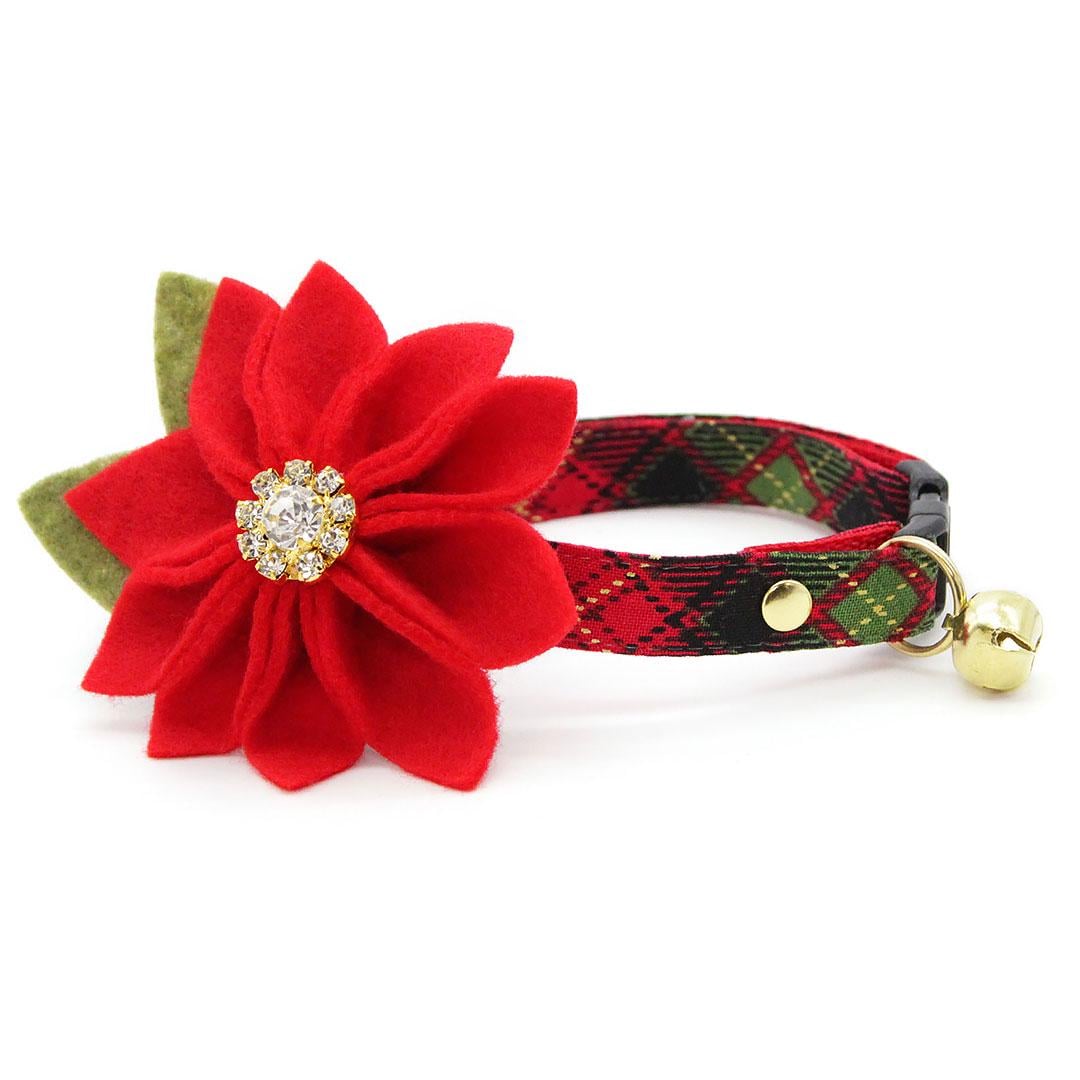 Holiday Cat Collar + Flower Set - "Winterwood" - Red Holiday Plaid Cat Collar + Specialty Christmas Red Poinsettia Felt Flower (Detachable)
