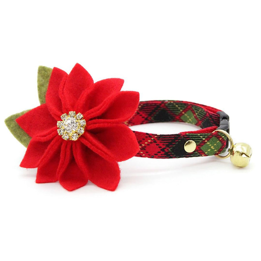 Holiday Cat Collar + Flower Set - "Winterwood" - Red Holiday Plaid Cat Collar + Specialty Christmas Red Poinsettia Felt Flower (Detachable)