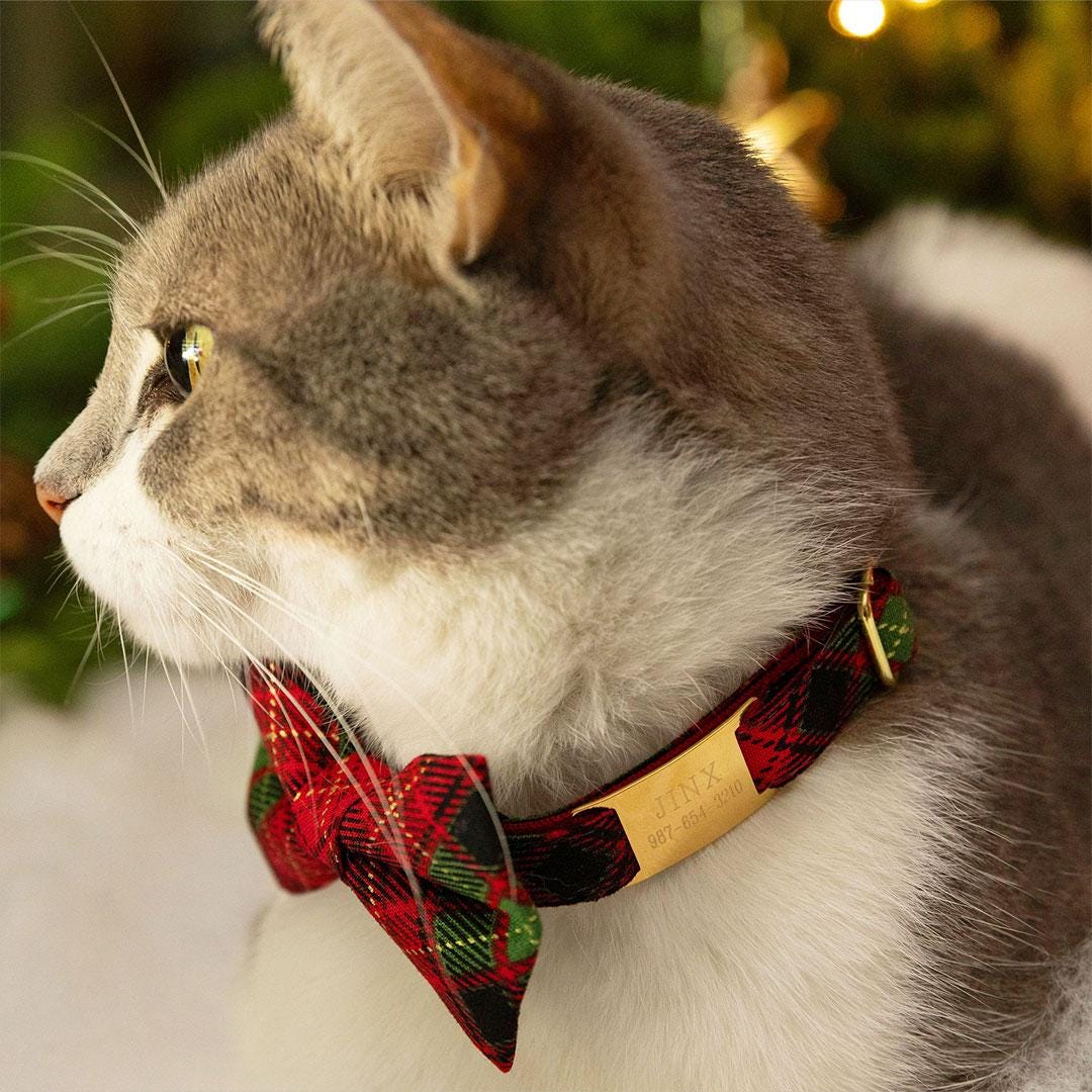 Plaid Cat Bow Tie - "Winterwood" - Holiday Red Plaid Bow Tie for Cat Collar / Rustic, Christmas, Winter / Cat, Kitten + Small Dog Bowtie