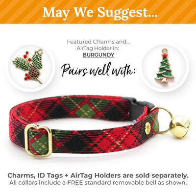 Holiday Cat Collar + Flower Set - "Winterwood" - Red Holiday Plaid Cat Collar + Specialty Christmas Red Poinsettia Felt Flower (Detachable)