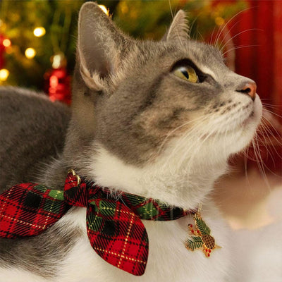 Holiday Cat Collar + Bunny Ear Bow Set - "Winterwood" - Christmas Red Plaid Cat Collar w/ Matching Bunny Bow Tie / Tie-On Scarf / Cat, Kitten + Small Dog Sizes