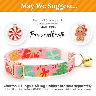 Holiday Cat Collar + Bunny Ear Bow Set - "Merry Mice - Pink" - Christmas Mouse Cat Collar w/ Matching Bunny Bow Tie / Tie-On Scarf / Cat, Kitten + Small Dog Sizes
