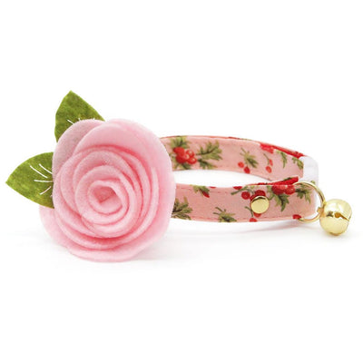 Holiday Cat Collar + Flower Set - "Sugarplum Pink" - Christmas Berry Pink Cat Collar w/ Baby Pink Felt Flower (Detachable) / Cat, Kitten + Small Dog Sizes