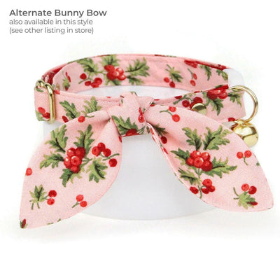 Holiday Cat Collar + Flower Set - "Sugarplum Pink" - Christmas Berry Pink Cat Collar w/ Baby Pink Felt Flower (Detachable) / Cat, Kitten + Small Dog Sizes