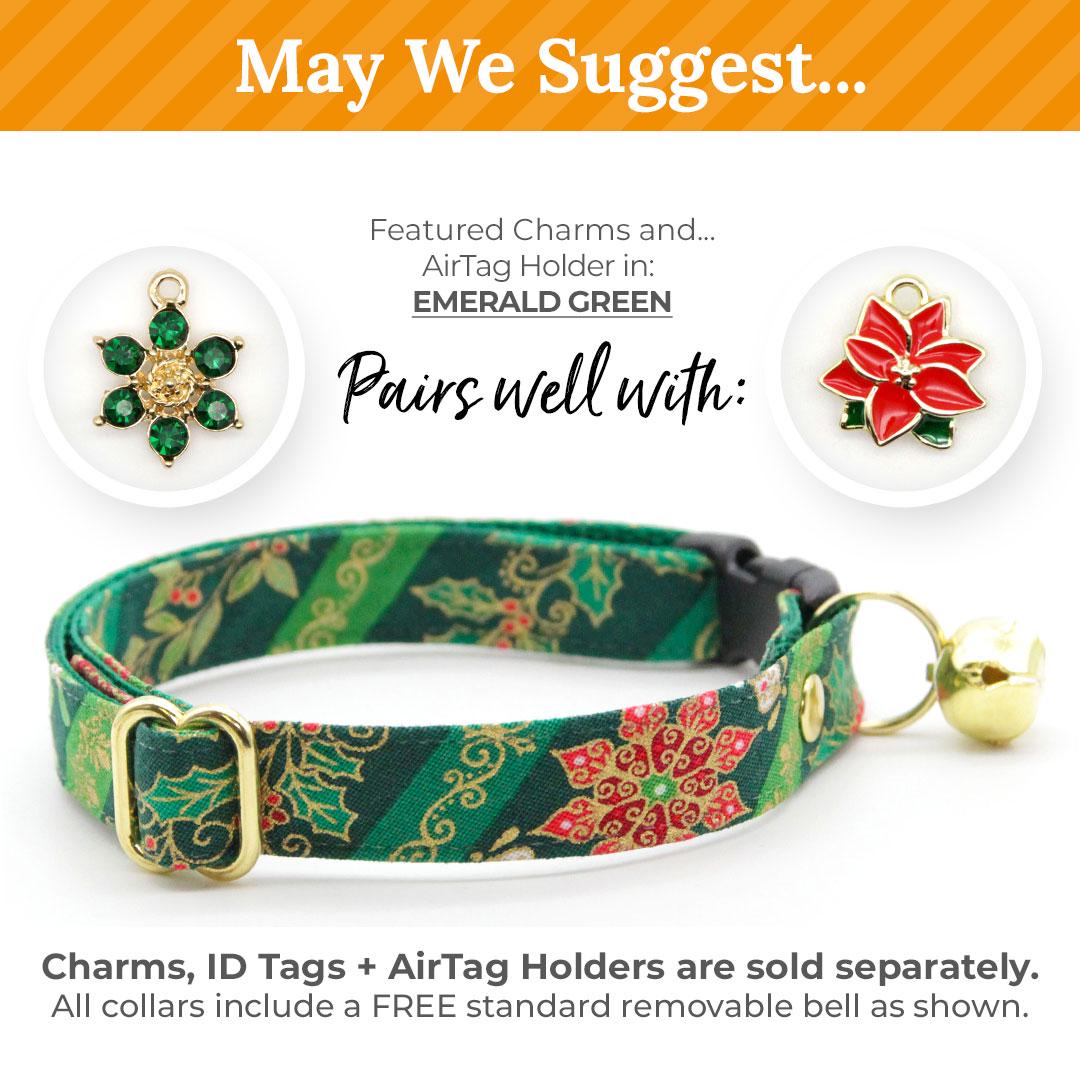 Bow Tie Cat Collar Set - "Victorian Christmas - Green" - Elegant Holiday Cat Collar with Bow Tie / Holly, Poinsettia, Mistletoe / Cat, Kitten, Small Dog Sizes