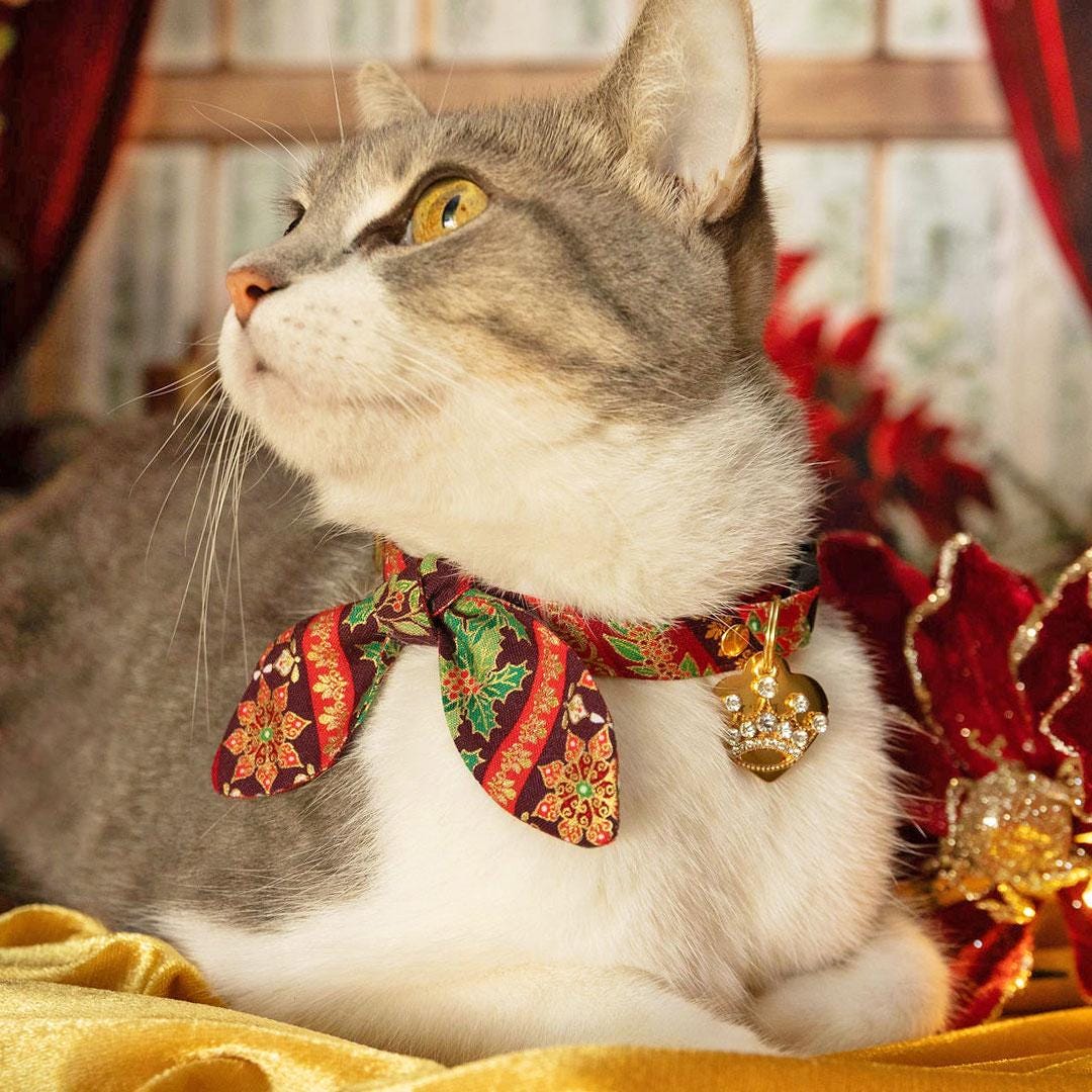 Holiday Cat Collar + Bunny Ear Bow Set - "Victorian Christmas - Burgundy" - Elegant Cat Collar w/ Matching Bunny Bow Tie / Tie-On Scarf / Cat, Kitten + Small Dog Sizes