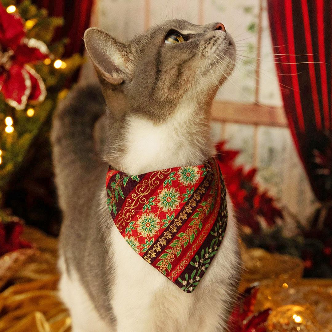 Holiday Cat Collar - "Victorian Christmas - Burgundy" - Mistletoe, Holly & Poinsettia Cat Collar / Breakaway Buckle or Non-Breakaway / Cat, Kitten + Small Dog Sizes