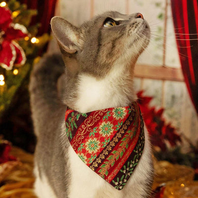 Holiday Cat Bandana - "Victorian Christmas - Burgundy" - Elegant Holly Mistletoe Poinsettia Bandana for Cat + Small Dog / Slide-on Bandana