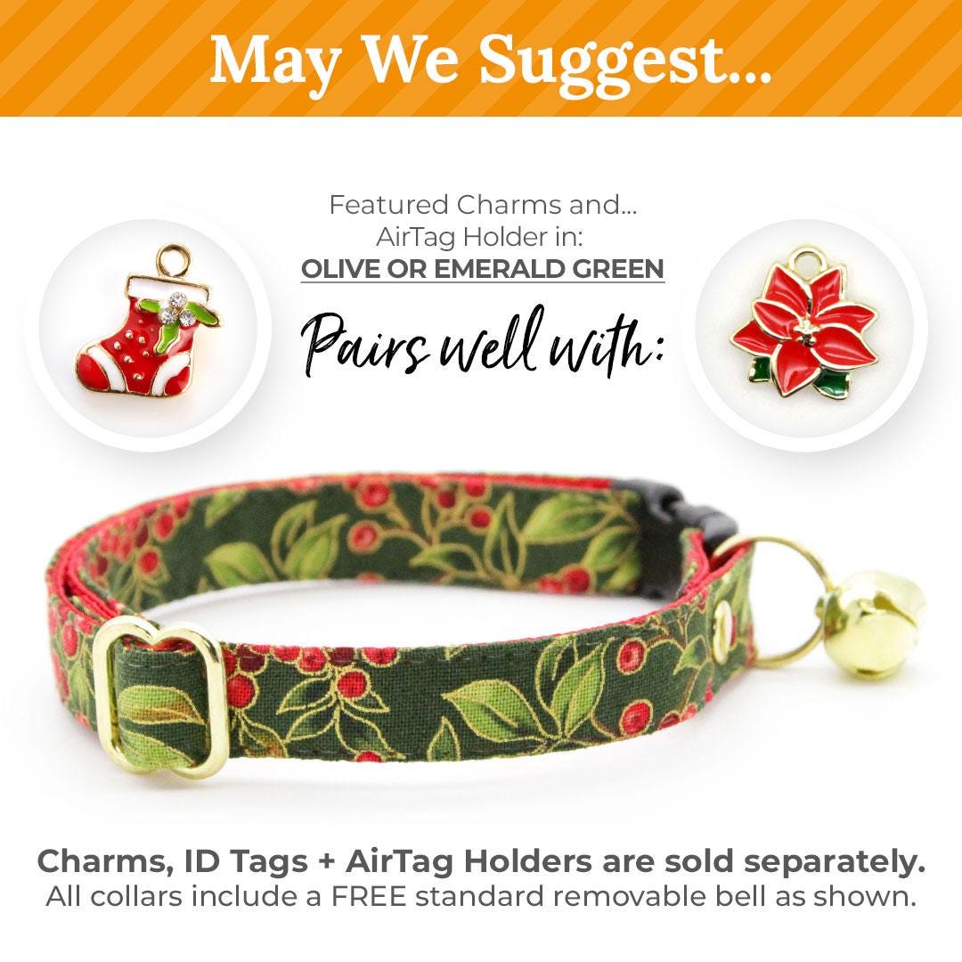 Holiday Cat Collar + Bunny Ear Bow Set - "Yuletide Berries" - Christmas Holly Berry Cat Collar w/ Matching Bunny Bow Tie / Tie-On Scarf / Cat, Kitten + Small Dog Sizes