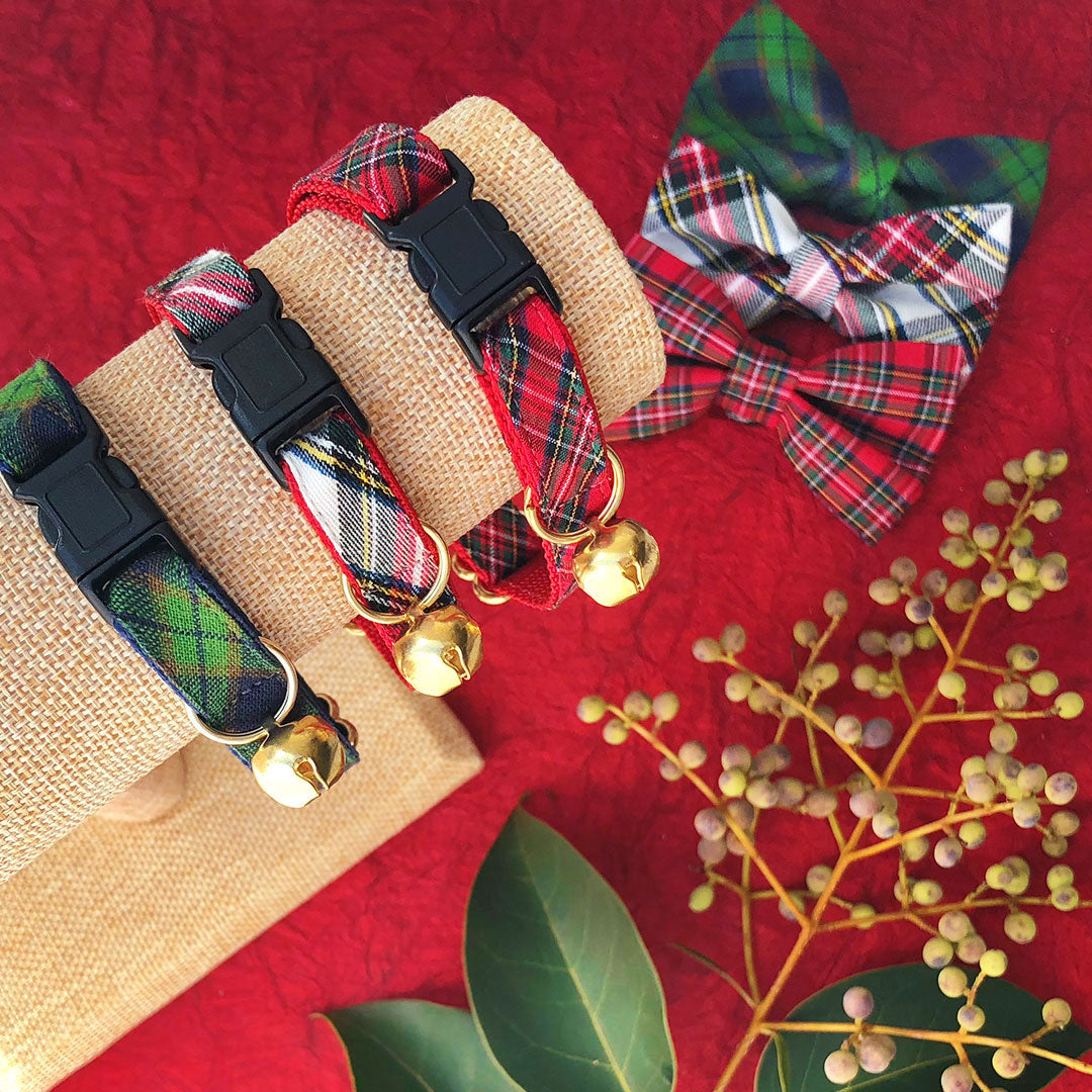 Cat Collar + Flower Set - "Hearthside" - Red Holiday Plaid Cat Collar w/ Scarlet Felt Flower (Detachable)