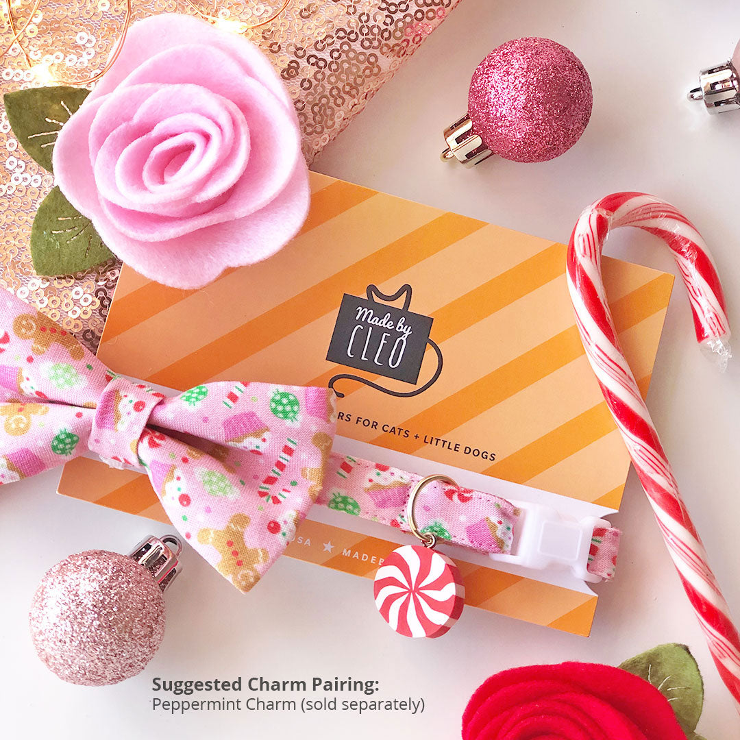 Bow Tie Cat Collar Set - "Sugar & Spice" - Pink Gingerbread, Peppermints & Cupcakes Cat Collar w/ Matching Bowtie (Removable)