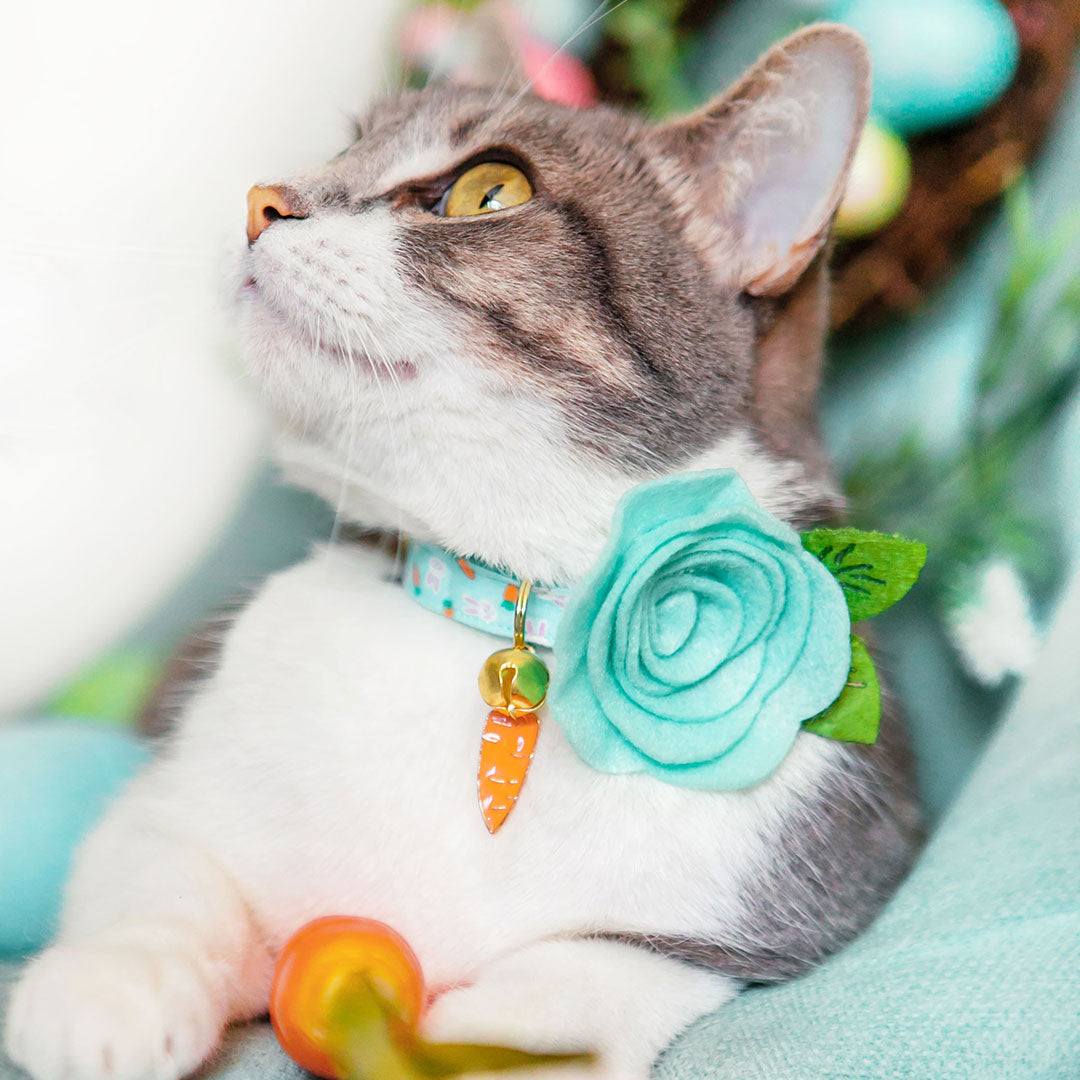 Easter Cat Collar - "Bunnies & Carrots Blue" - Bunny Cat Collar / Breakaway Buckle or Non-Breakaway / Cat, Kitten + Small Dog Sizes