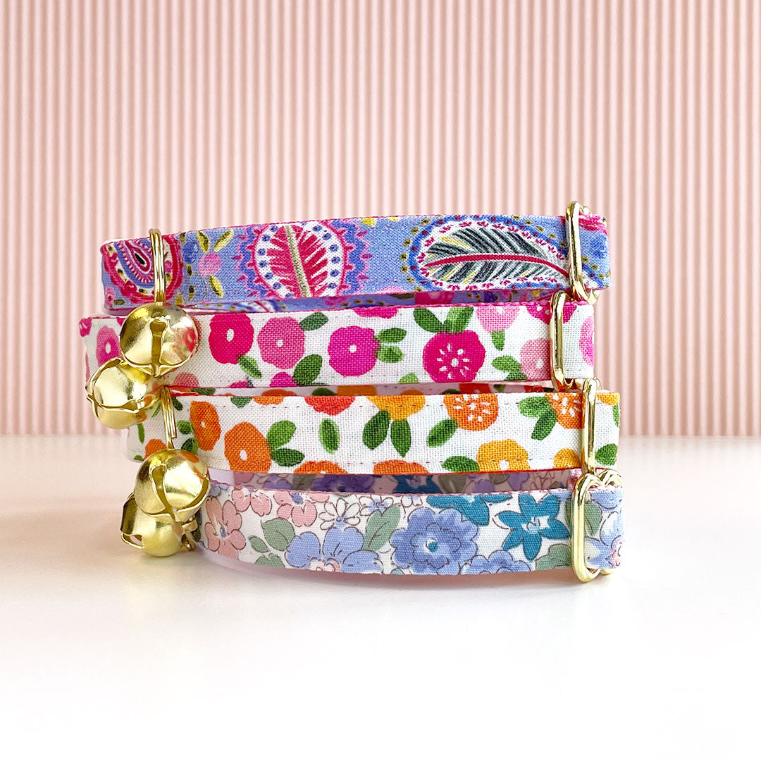 Bow Tie Cat Collar Set - "Willow" - Light Pink, Purple & Blue Flower Cat Collar w/ Matching Bow Tie (Removable)